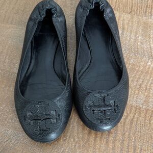 Tory Burch Black Leather Logo Flats